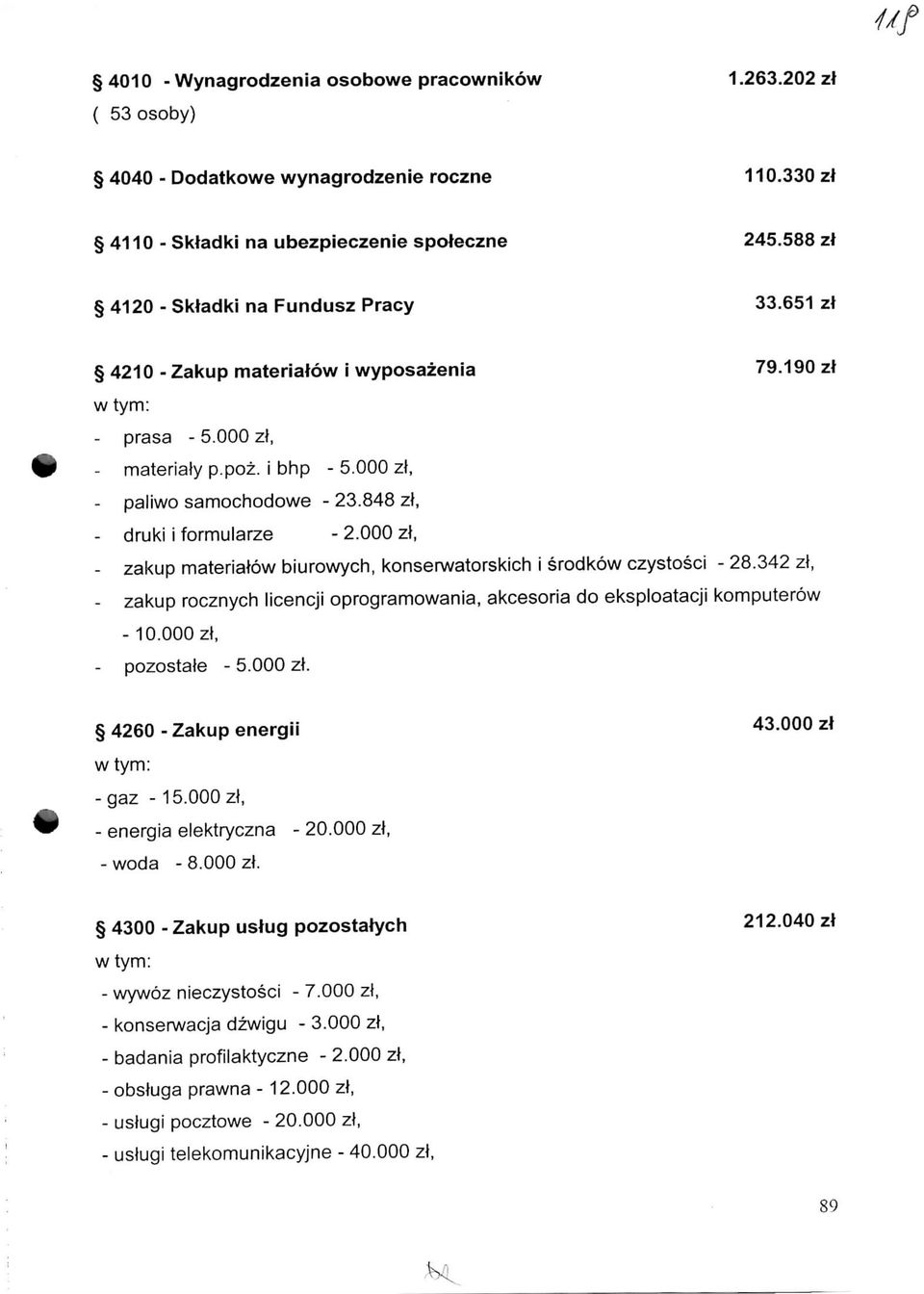 000 zl, zakup materiatow biurowych, konserwatorskich i srodkow czystosci 8. zl, zakup rocznych licencji oprogramowania, akcesona do eksploatacji komputerow 0.000zl, pozostale.000 zl. 60 Zakup energii.