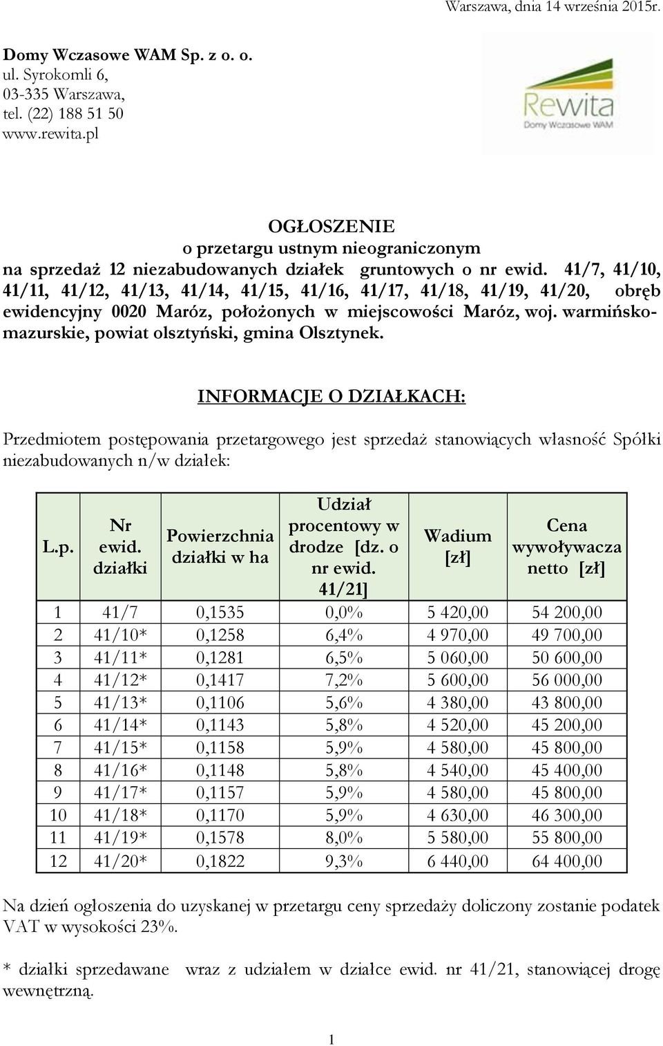 41/7, 41/10, 41/11, 41/12, 41/13, 41/14, 41/15, 41/16, 41/17, 41/18, 41/19, 41/20, obręb ewidencyjny 0020 Maróz, położonych w miejscowości Maróz, woj.