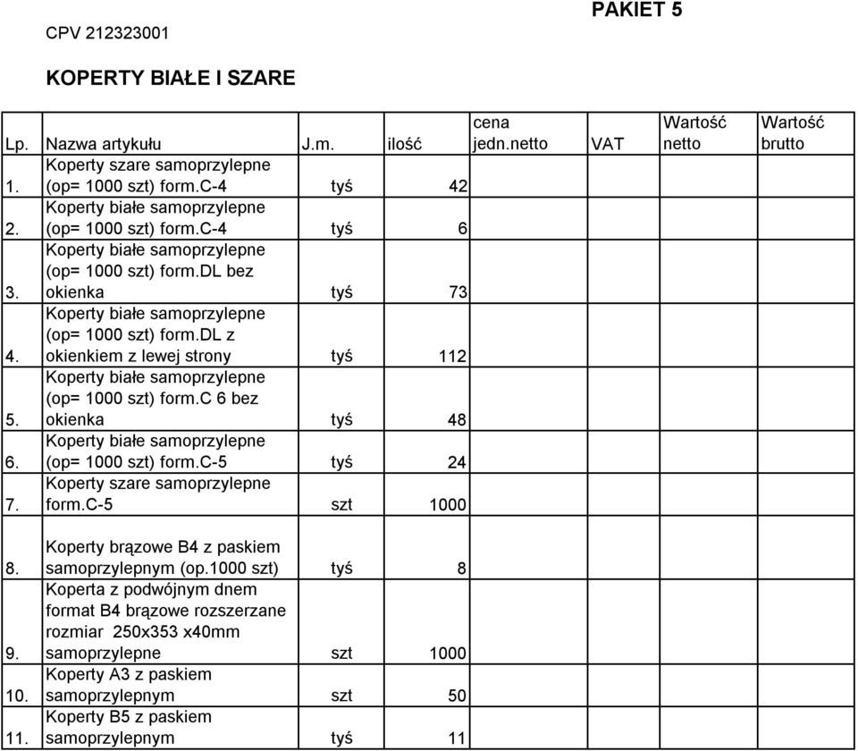 okienka tyś 48 Koperty białe samoprzylepne 6. (op= 1000 szt) form.c-5 tyś 24 Koperty szare samoprzylepne 7. form.c-5 szt 1000 VAT 8. 9. 10. 11. Koperty brązowe B4 z paskiem samoprzylepnym (op.