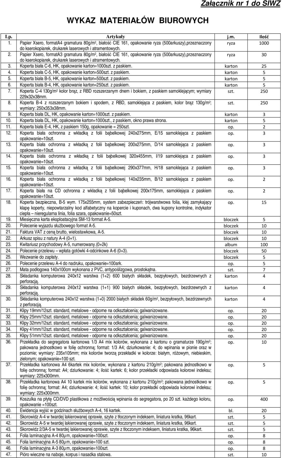 białość CIE 161, opakowanie ryza (500arkuszy),przeznaczony ryza 1000 do kserokopiarek, drukarek laserowych i atramentowych. 2.