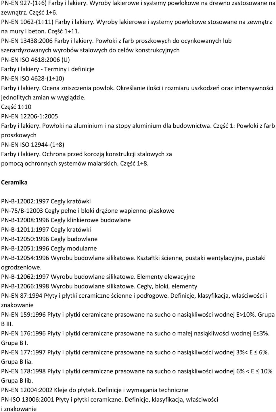 Powłoki z farb proszkowych do ocynkowanych lub szerardyzowanych wyrobów stalowych do celów konstrukcyjnych PN-EN ISO 4618:2006 (U) Farby i lakiery - Terminy i definicje PN-EN ISO 4628-(1 10) Farby i