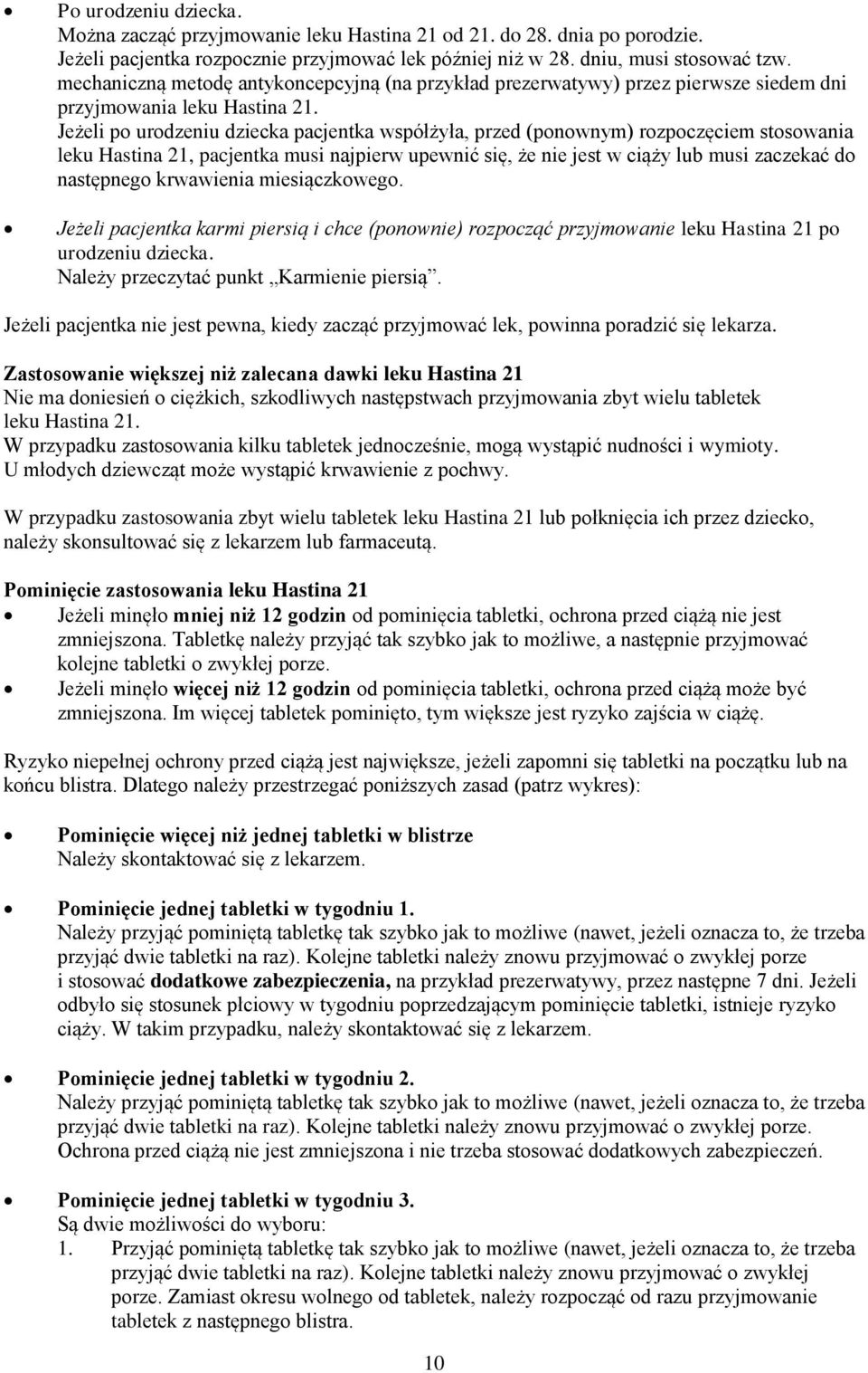 Jeżeli po urodzeniu dziecka pacjentka współżyła, przed (ponownym) rozpoczęciem stosowania leku Hastina 21, pacjentka musi najpierw upewnić się, że nie jest w ciąży lub musi zaczekać do następnego