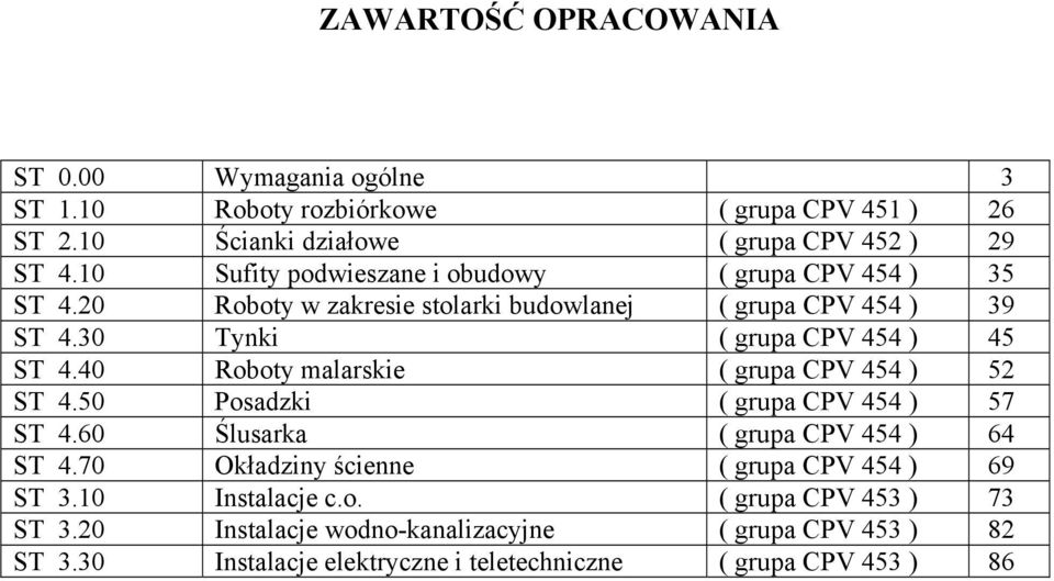 40 Roboty malarskie ( grupa CPV 454 ) 52 ST 4.50 Posadzki ( grupa CPV 454 ) 57 ST 4.60 Ślusarka ( grupa CPV 454 ) 64 ST 4.