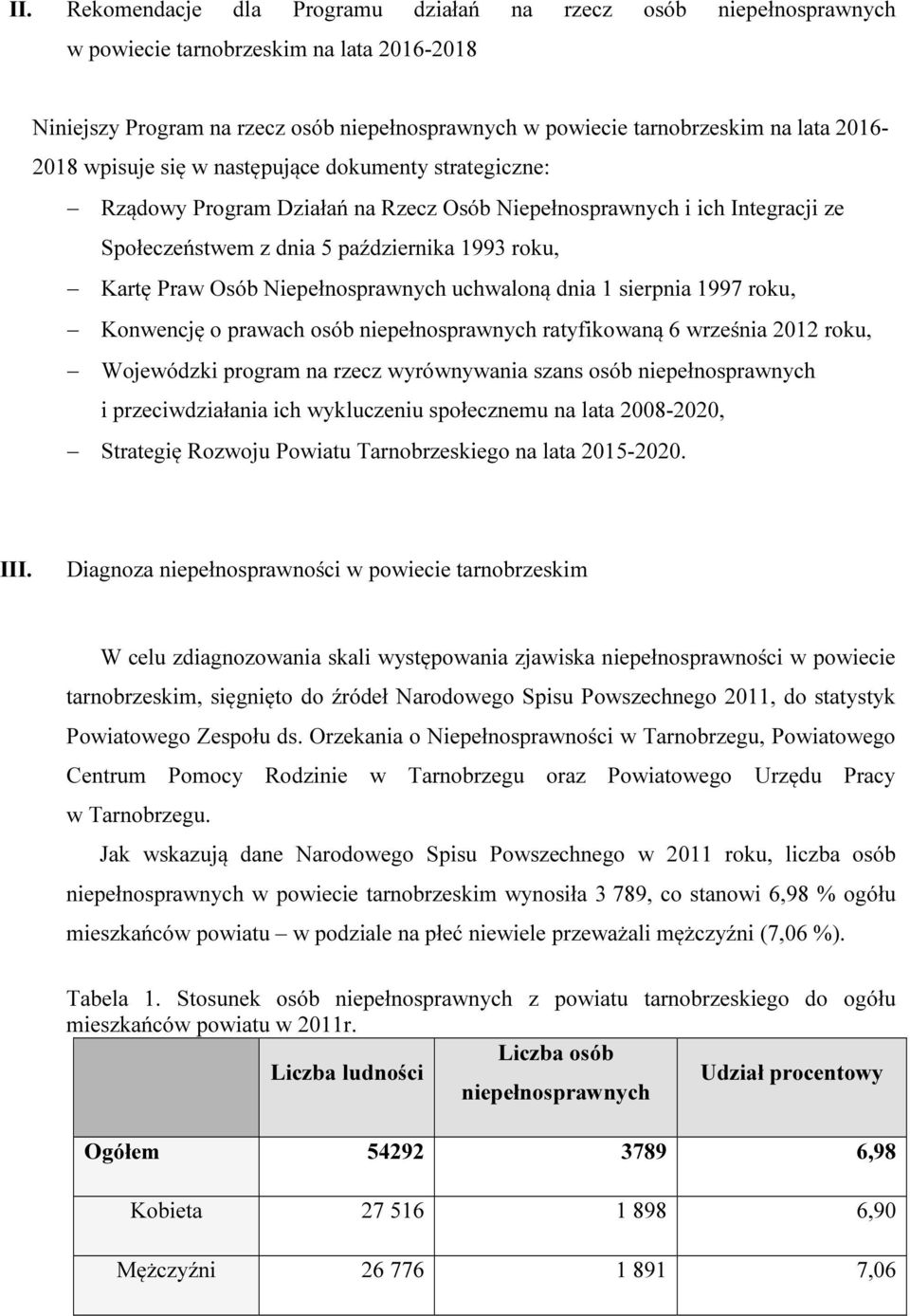 Niepełnosprawnych uchwaloną dnia 1 sierpnia 1997 roku, Konwencję o prawach osób niepełnosprawnych ratyfikowaną 6 września 2012 roku, Wojewódzki program na rzecz wyrównywania szans osób