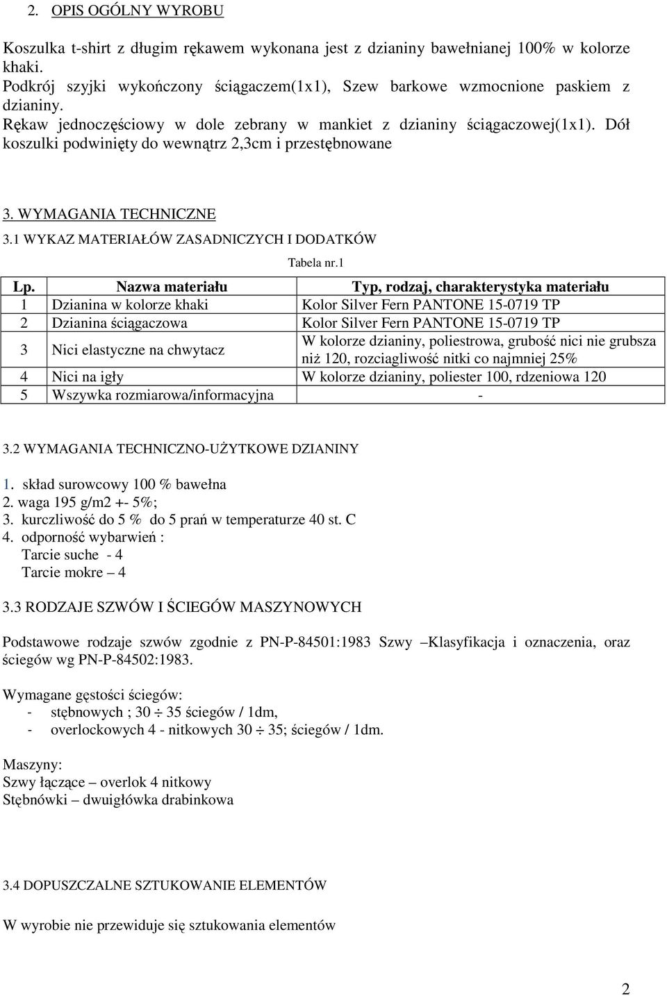 Dół koszulki podwinięty do wewnątrz 2,3cm i przestębnowane 3. WYMAGANIA TECHNICZNE 3.1 WYKAZ MATERIAŁÓW ZASADNICZYCH I DODATKÓW Tabela nr.1 Lp.