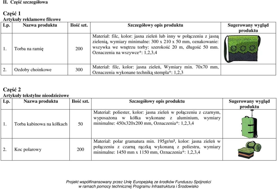 mm. Oznaczenia na wszywce*: 1,2,3,4 produktu 2. Ozdoby choinkowe 300 Materiał: filc, kolor: jasna zieleń, Wymiary min.