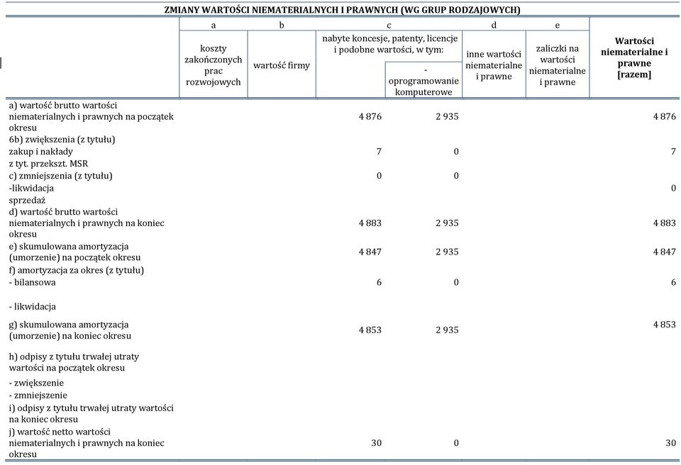 niematerialne i prawne [razem] 4 876 2 935 4 876 6b) zwiększenia (z tytułu) zakup i nakłady 7 0 7 z tyt. przekszt.