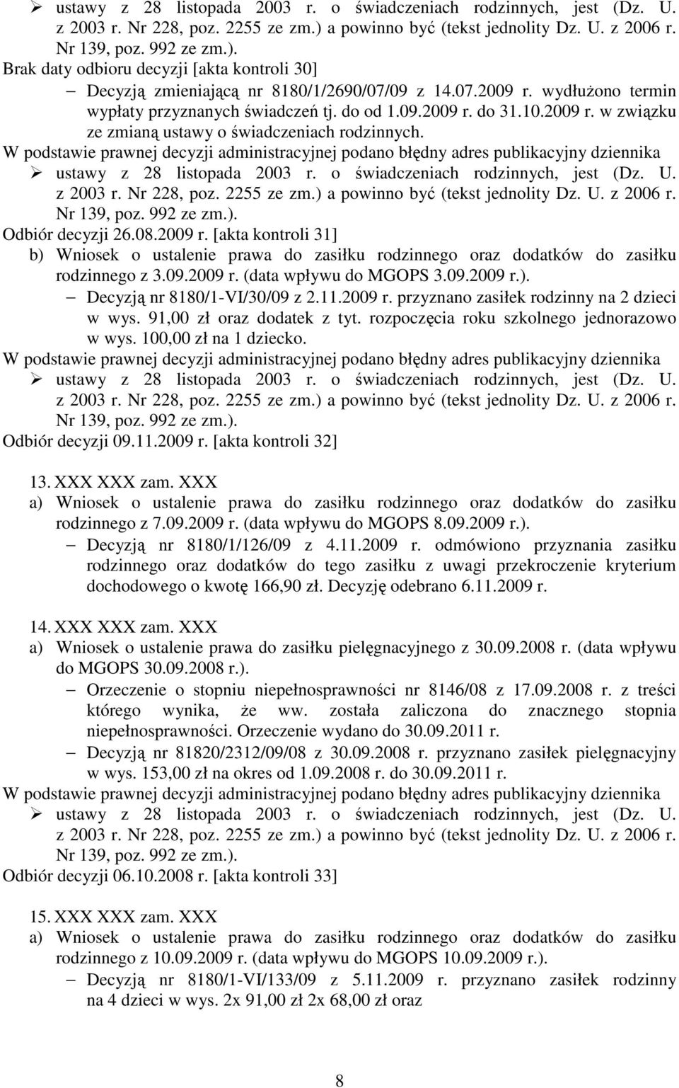 11.2009 r. przyznano zasiłek rodzinny na 2 dzieci w wys. 91,00 zł oraz dodatek z tyt. rozpoczęcia roku szkolnego jednorazowo w wys. 100,00 zł na 1 dziecko. Odbiór decyzji 09.11.2009 r. [akta kontroli 32] 13.