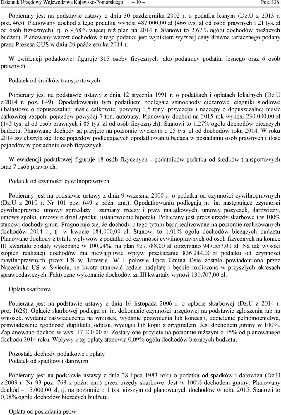 Stanowi to 2,67% ogółu dochodów bieżących budżetu. Planowany wzrost dochodów z tego podatku jest wynikiem wyższej ceny drewna tartacznego podany przez Prezesa GUS w dniu 20 października 2014 r.