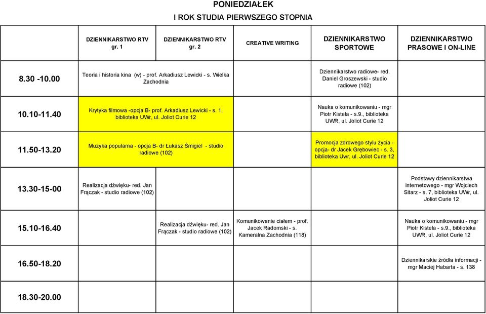 Muzyka popularna - opcja B- dr Łukasz Śmigiel - studio radiowe (102) Promocja zdrowego stylu życia - opcja- dr Jacek Grębowiec - s. 3, biblioteka Uwr, ul. Realizacja dźwięku- red.