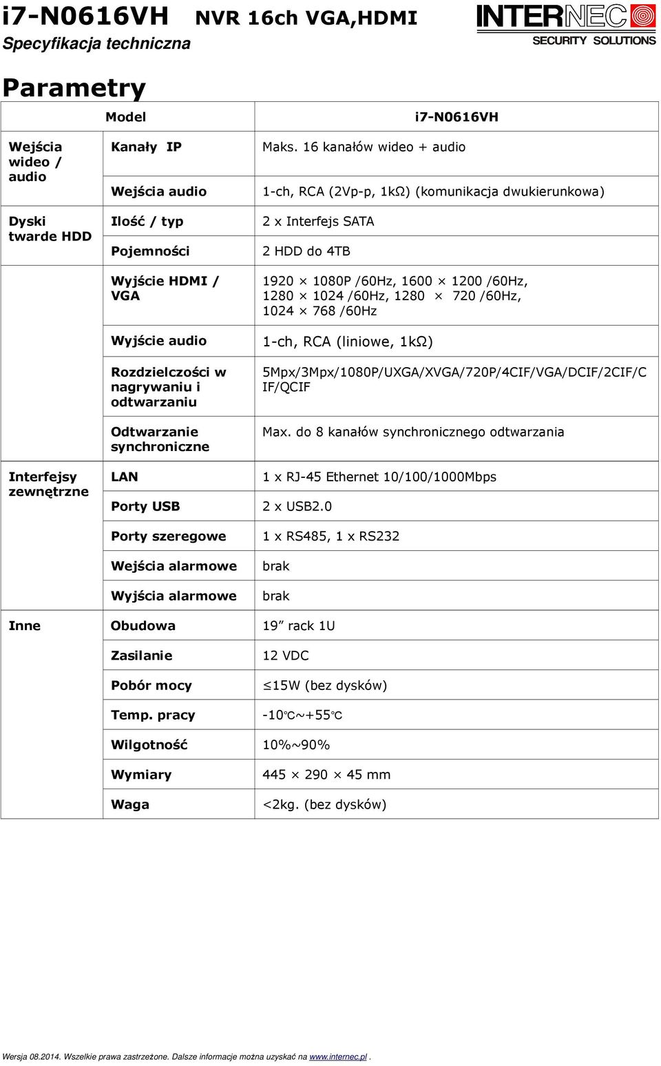 16 kanałów wideo + audio 1-ch, RCA (2Vp-p, 1kΩ) (komunikacja dwukierunkowa) 2 x Interfejs SATA 2 HDD do 4TB 1920 1080P /60Hz, 1600 1200 /60Hz, 1280 1024 /60Hz, 1280 720 /60Hz, 1024 768 /60Hz 1-ch,