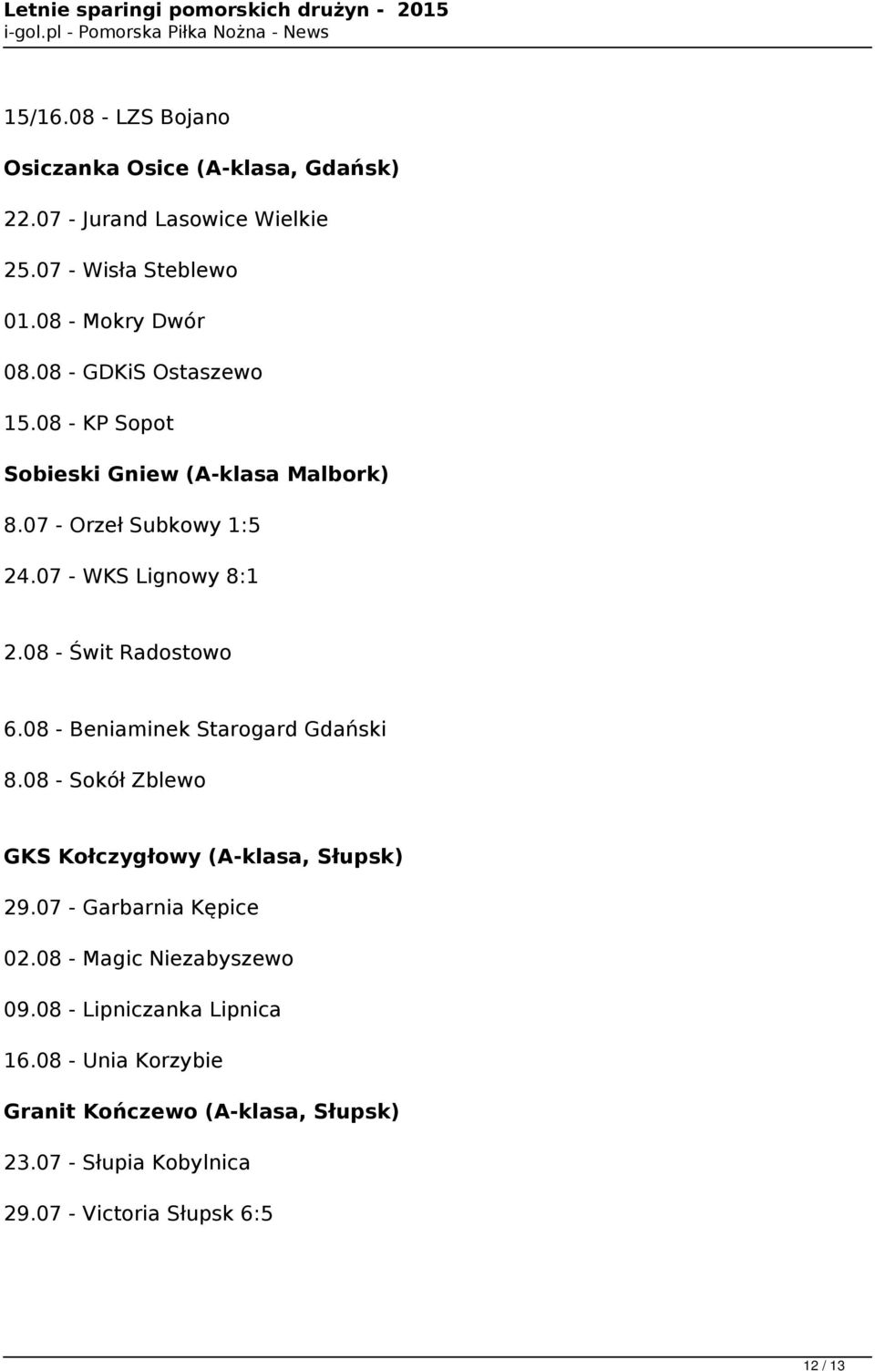 08 - Świt Radostowo 6.08 - Beniaminek Starogard Gdański 8.08 - Sokół Zblewo GKS Kołczygłowy (A-klasa, Słupsk) 29.07 - Garbarnia Kępice 02.