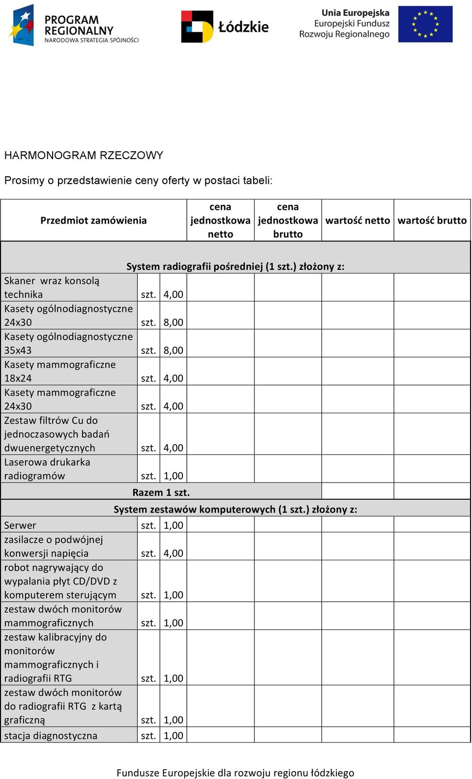 ) złożony z: Skaner wraz konsolą technika Kasety ogólnodiagnostyczne 24x30 Kasety ogólnodiagnostyczne 35x43 Kasety mammograficzne 18x24 Kasety mammograficzne 24x30 Zestaw filtrów Cu do jednoczasowych