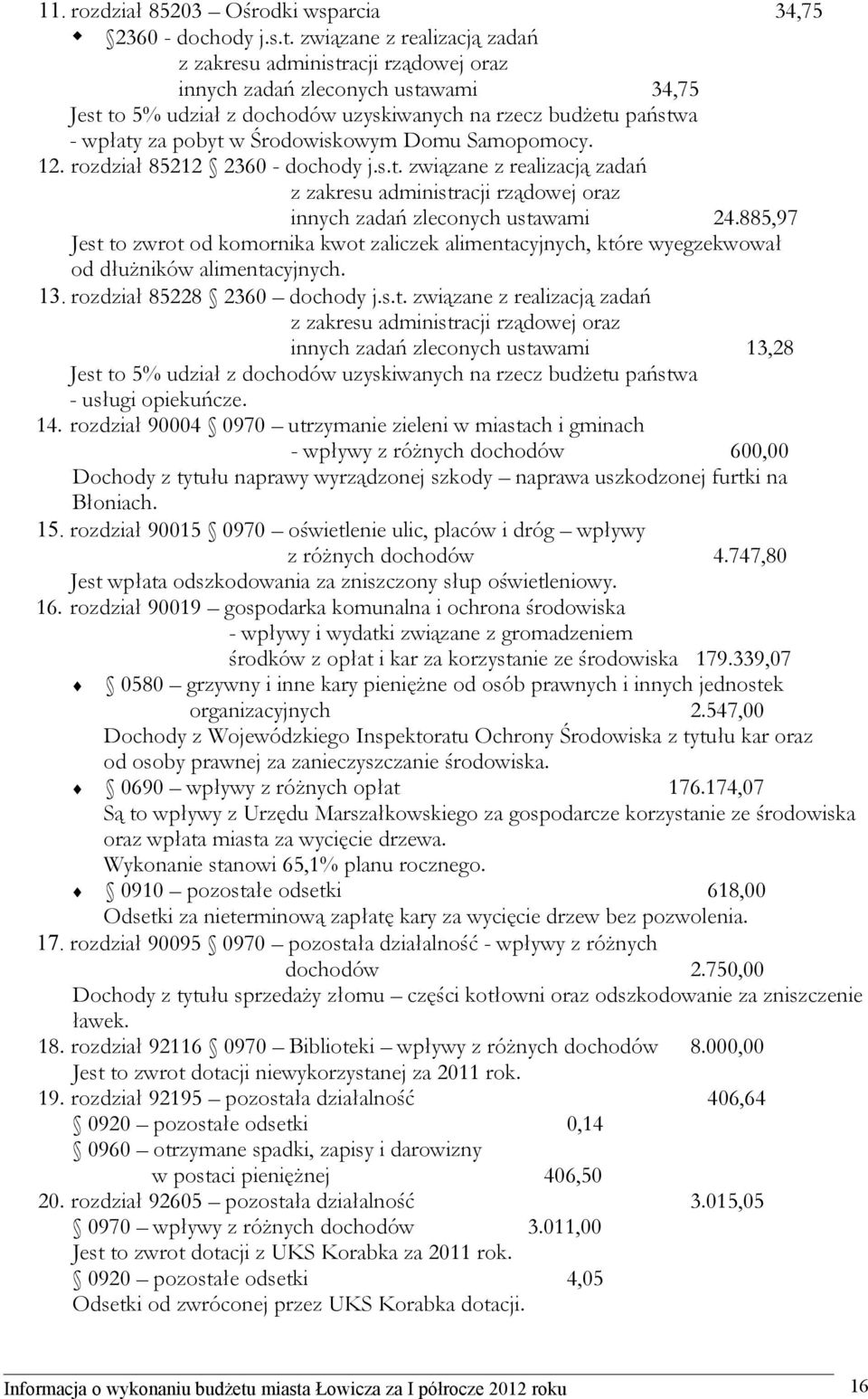 Środowiskowym Domu Samopomocy. 12. rozdział 85212 2360 - dochody j.s.t. związane z realizacją zadań z zakresu administracji rządowej oraz innych zadań zleconych ustawami 24.