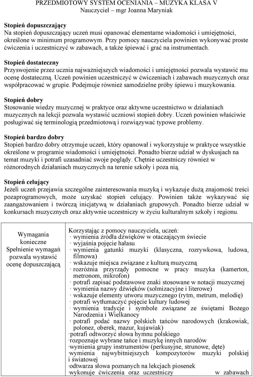 Stopień dostateczny Przyswojenie przez ucznia najwaŝniejszych wiadomości i umiejętności mu ocenę dostateczną.