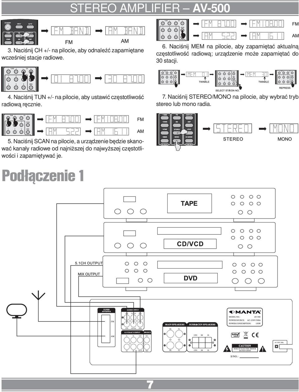 Naciśnij TUN +/- na pilocie, aby ustawić częstotliwość radiową ręcznie. 7.