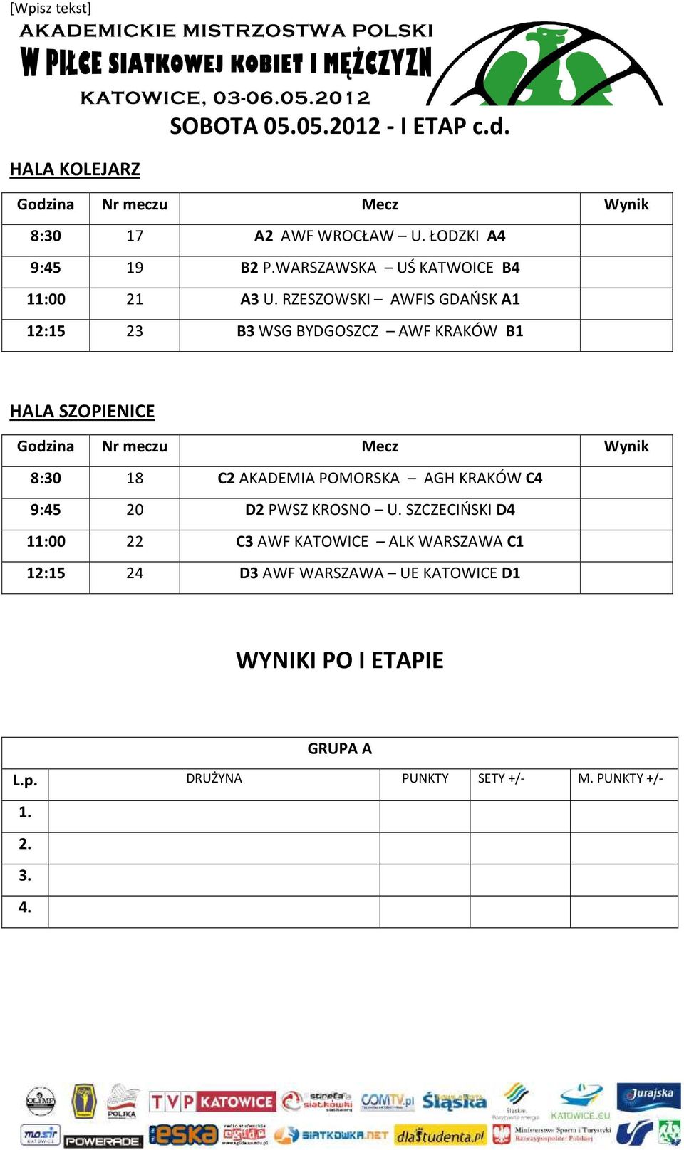 RZESZOWSKI AWFIS GDAŃSK A1 12:15 23 B3 WSG BYDGOSZCZ AWF KRAKÓW B1 HALA SZOPIENICE 8:30 18 C2 AKADEMIA POMORSKA AGH