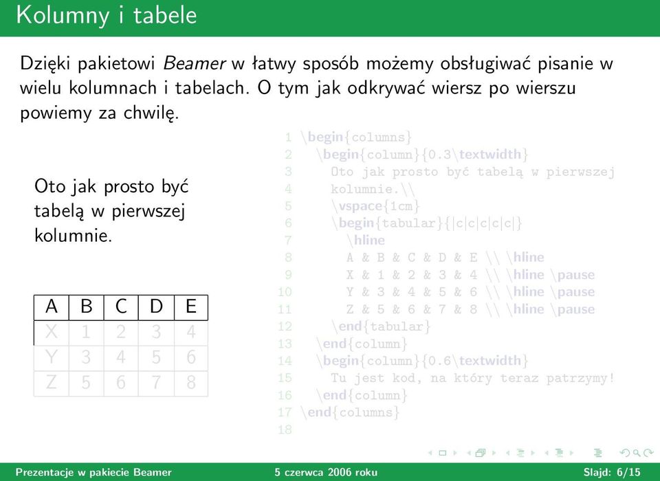 \\ 5 \vspace{1cm} 6 \begin{tabular}{ c c c c c } 7 \hline 8 A & B & C & D & E \\ \hline 9 X & 1 & 2 & 3 & 4 \\ \hline \pause 10 Y & 3 & 4 & 5 & 6 \\ \hline \pause 11 Z & 5 & 6 & 7 & 8 \\