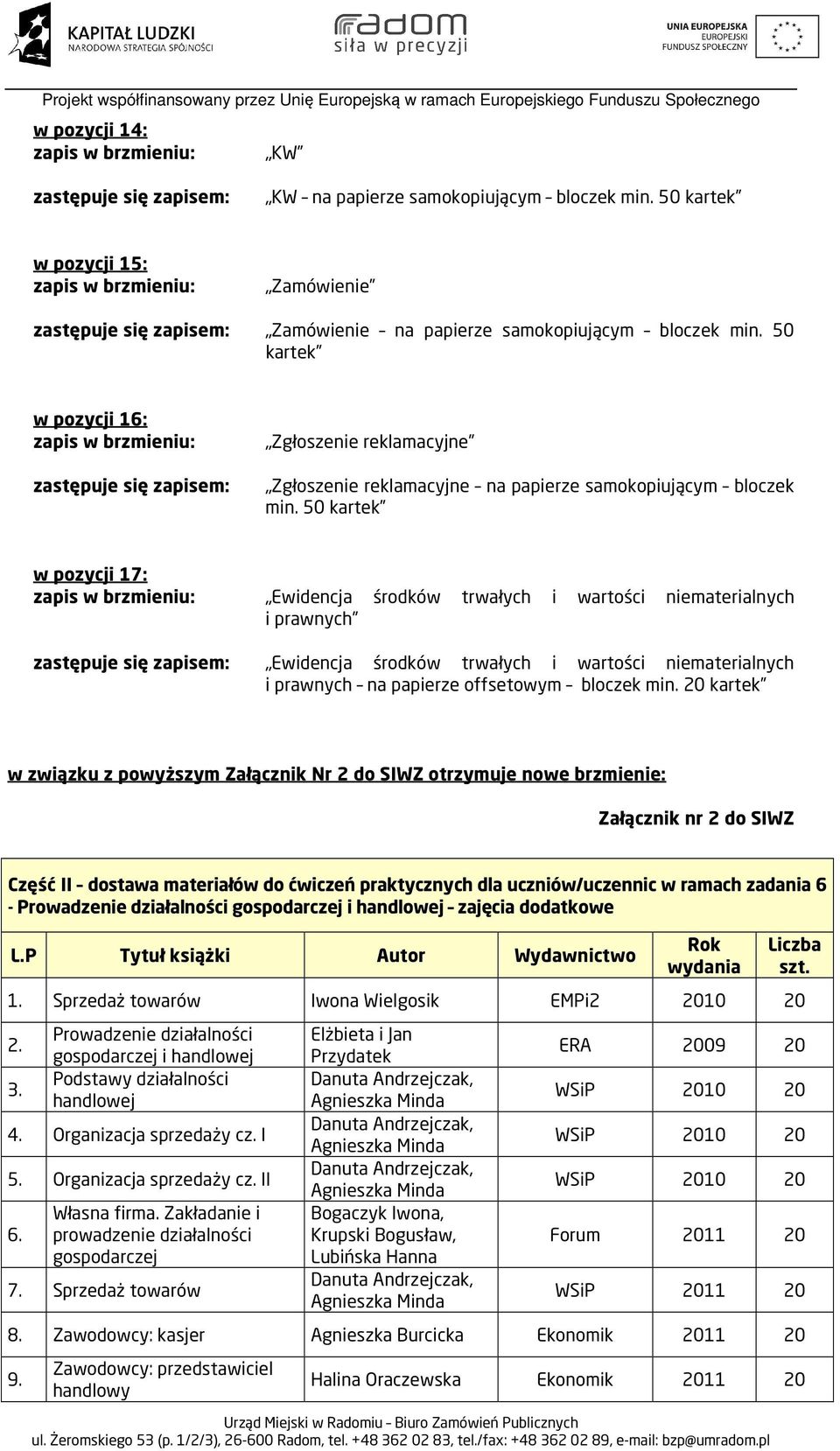 20 kartek w związku z powyższym Załącznik Nr 2 do SIWZ otrzymuje nowe brzmienie: Załącznik nr 2 do SIWZ Część II dostawa materiałów do ćwiczeń praktycznych dla uczniów/uczennic w ramach zadania 6 -