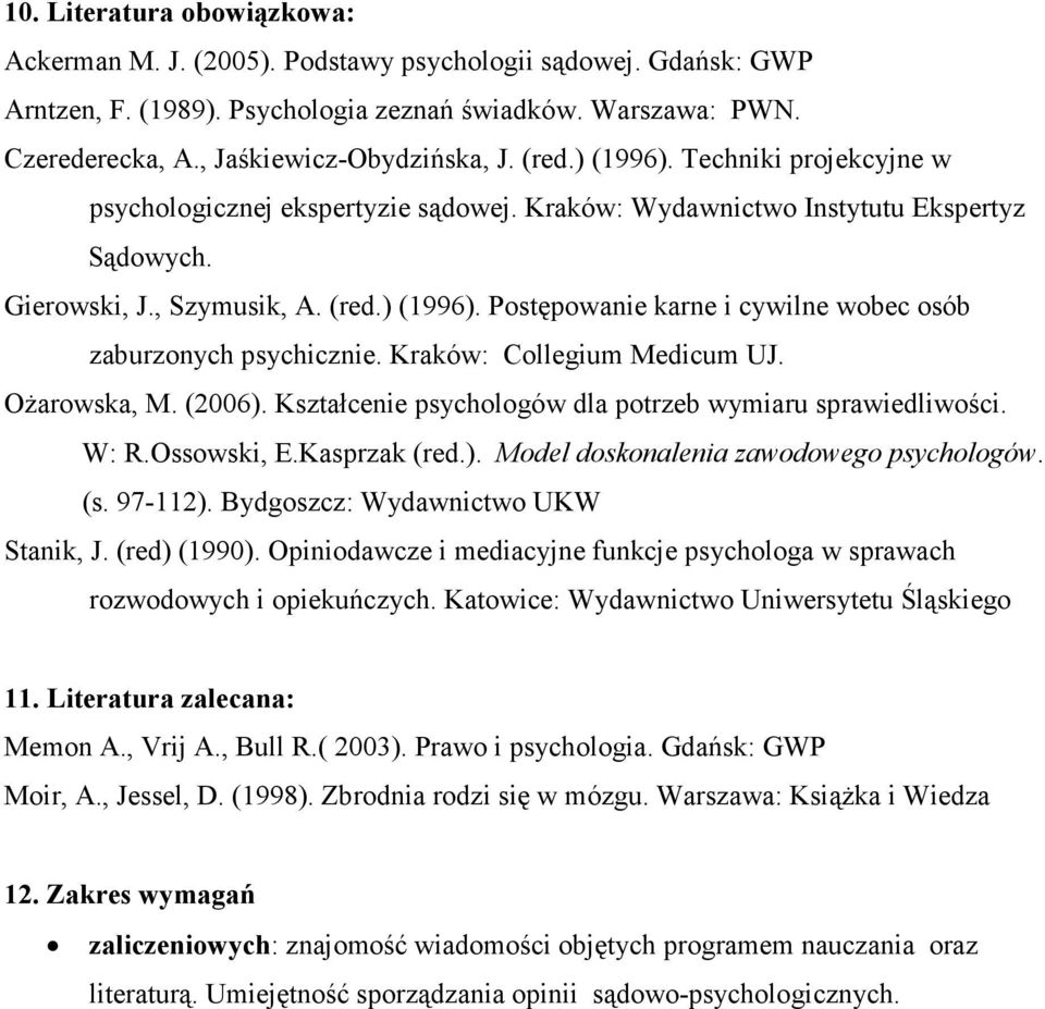 Kraków: Collegium Medicum UJ. Ożarowska, M. (2006). Kształcenie psychologów dla potrzeb wymiaru sprawiedliwości. W: R.Ossowski, E.Kasprzak (red.). Model doskonalenia zawodowego psychologów. (s.