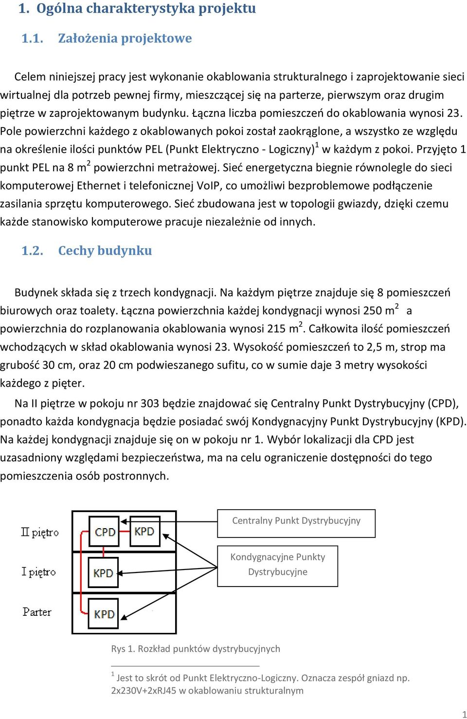 Pole powierzchni każdego z okablowanych pokoi został zaokrąglone, a wszystko ze względu na określenie ilości punktów PEL (Punkt Elektryczno - Logiczny) 1 w każdym z pokoi.