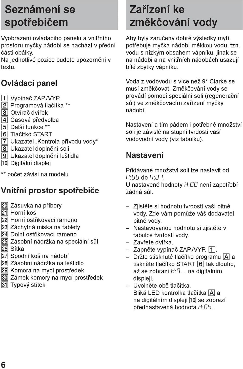 Digitбlnн displej ** poиet zбvisн na modelu Vnitшnн prostor spotшebiиe Zбsuvka na pшнbory Hornн koљ Hornн ostшikovacн rameno Zбchytnб miska na tablety Dolnн ostшikovacн rameno Zбsobnн nбdrћka na