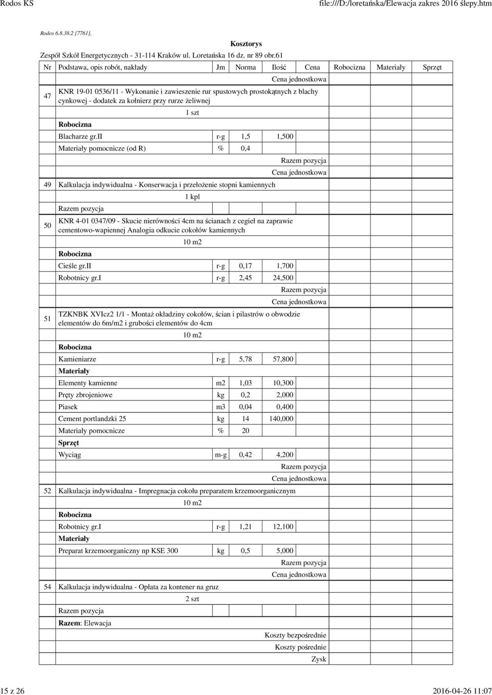 ii r-g 1,5 1,500 pomocnicze (od R) % 0,4 49 - Konserwacja i przełożenie stopni kamiennych 50 51 1 kpl KNR 4-01 0347/09 - Skucie nierówności 4cm na ścianach z cegieł na zaprawie cementowo-wapiennej