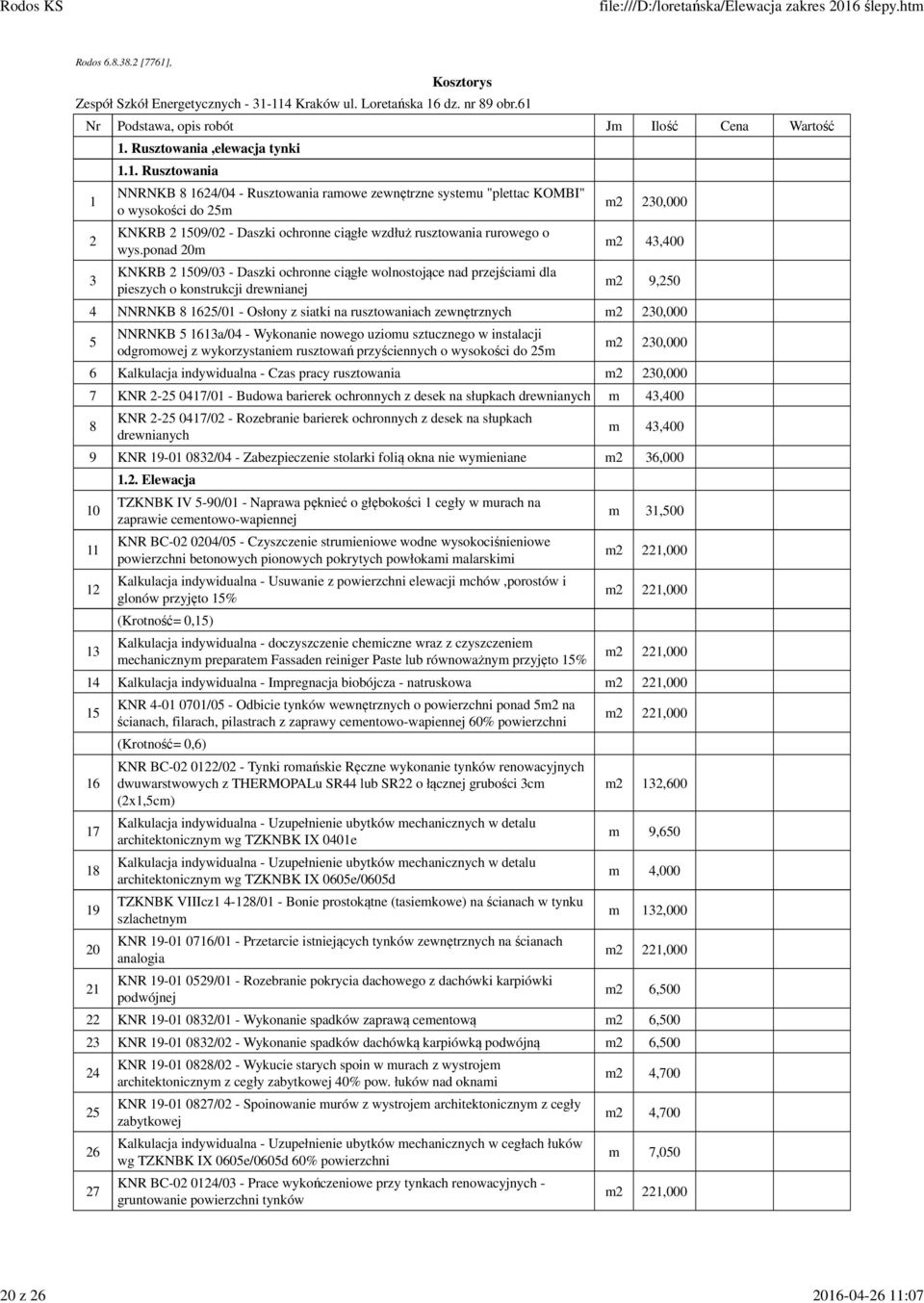 rusztowaniach zewnętrznych m2 230,000 5 NNRNKB 5 1613a/04 - Wykonanie nowego uziomu sztucznego w instalacji odgromowej z wykorzystaniem rusztowań przyściennych o wysokości do 25m m2 230,000 6 - Czas