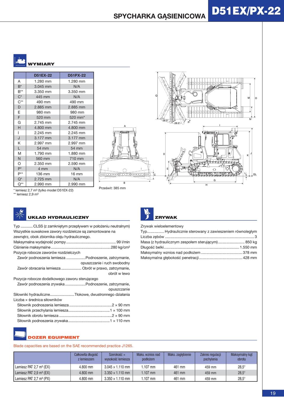 725 mm N/A Q** 2.990 mm 2.990 mm * lemiesz 2,7 m³ (tylko model D51EX-22) ** lemiesz 2,9 m³ Prześwit: 385 mm UKŁAD HYDRAULICZNY Typ.