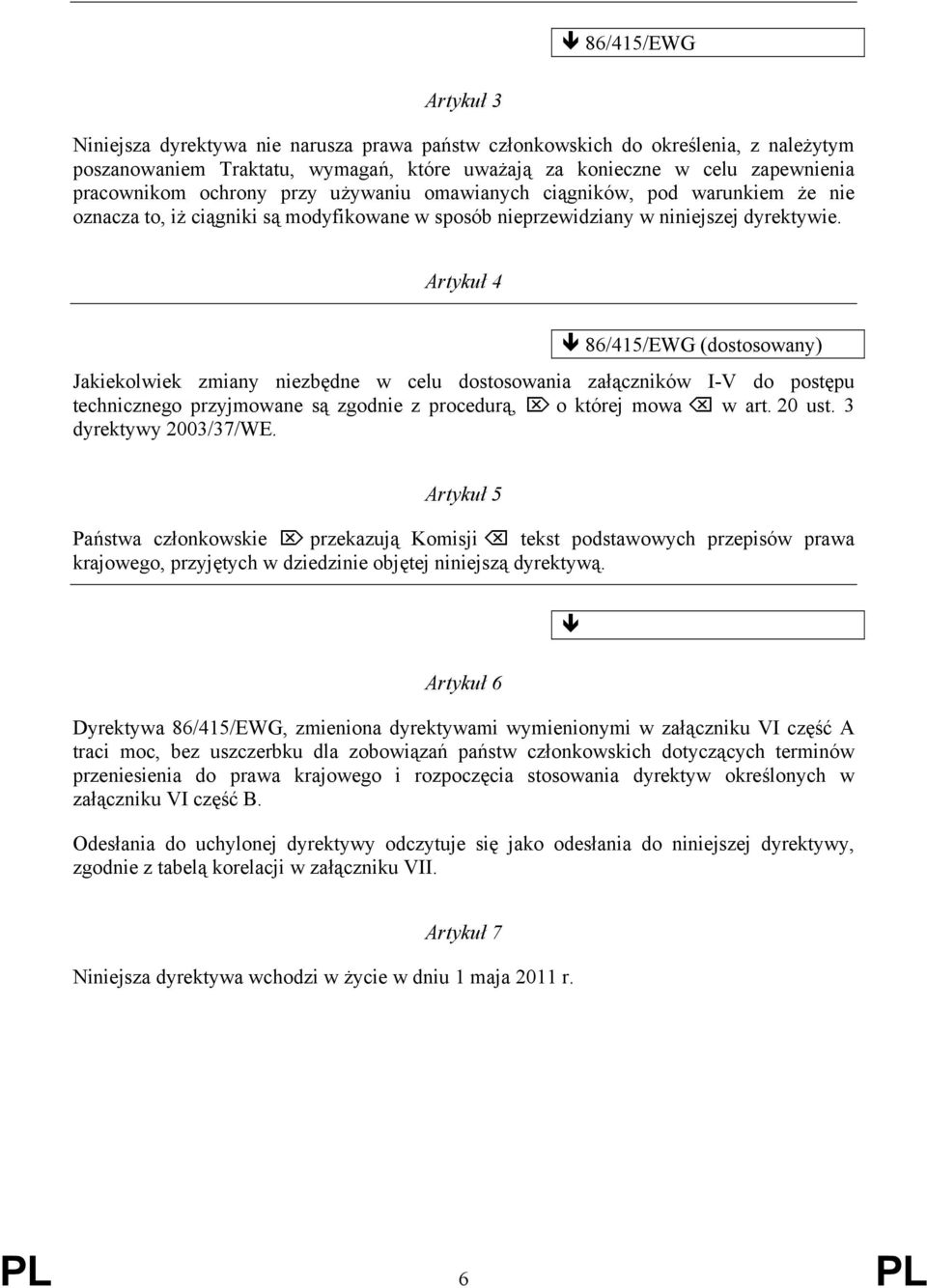 Artykuł 4 86/415/EWG (dostosowany) Jakiekolwiek zmiany niezbędne w celu dostosowania załączników I-V do postępu technicznego przyjmowane są zgodnie z procedurą, o której mowa w art. 20 ust.