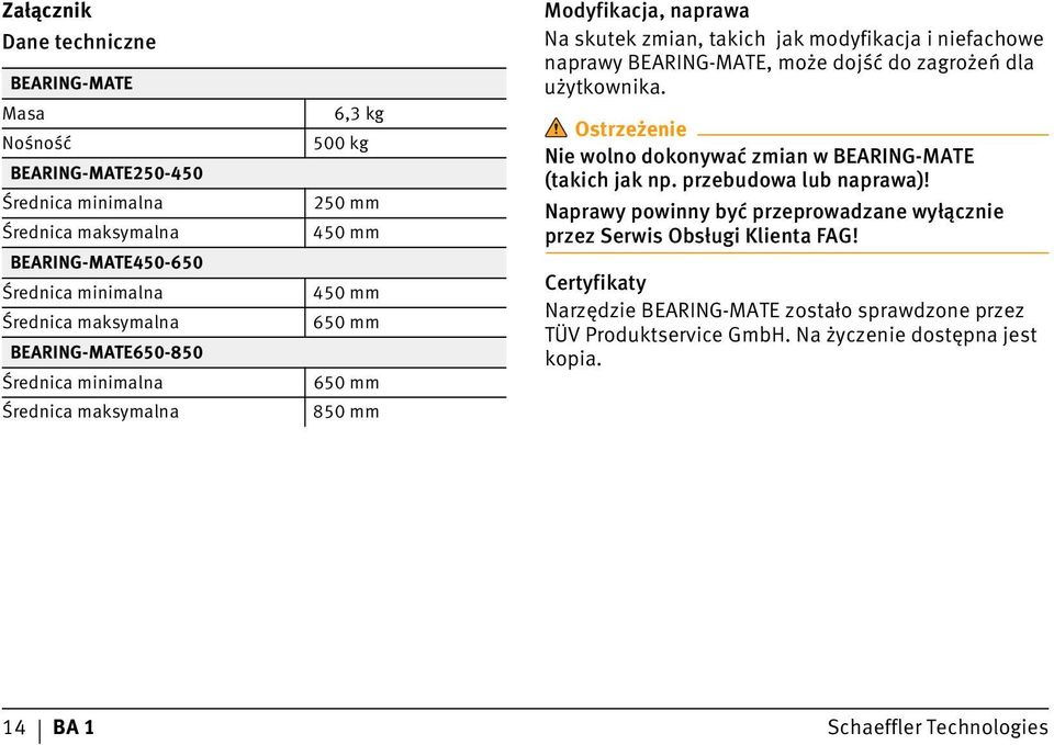 naprawy BEARING-MATE, może dojść do zagrożeń dla użytkownika. Ostrezeżenie Ostrzeżenie Nie wolno dokonywać zmian w BEARING-MATE (takich jak np. przebudowa lub naprawa)!