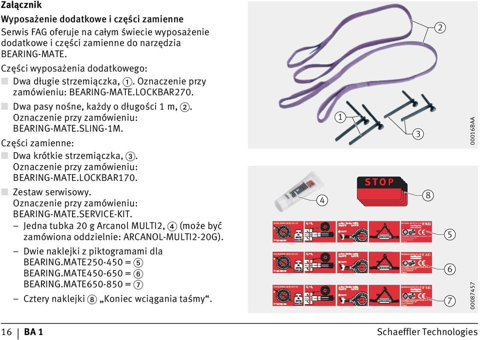 2 Części wyposażenia dodatkowego: Dwa długie strzemiączka,. Oznaczenie przy zamówieniu: BEARING-MATE.LOCKBAR270. Dwa pasy nośne, każdy o długości 1 m,. Oznaczenie przy zamówieniu: BEARING-MATE.SLING-1M.