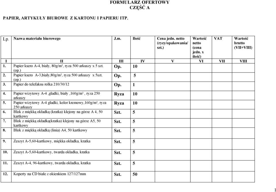 (op.) Op. 5 3. Papier do telefaksu rolka 210/30/12 Op. 1 4. Papier wizytowy A-4,gładki, biały,160g/m², ryza 250 arkuszy Ryza 10 5.
