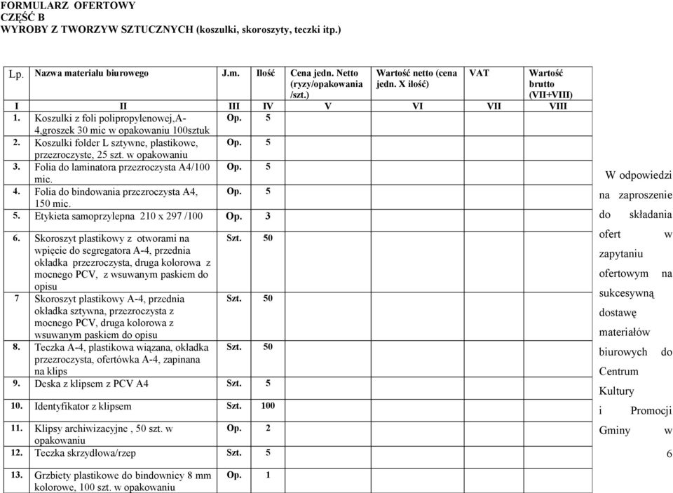 5 przezroczyste, 25 szt. w opakowaniu 3. Folia do laminatora przezroczysta A4/100 Op. 5 mic. 4. Folia do bindowania przezroczysta A4, Op. 5 150 mic. 5. Etykieta samoprzylepna 210 x 297 /100 Op. 3 6.