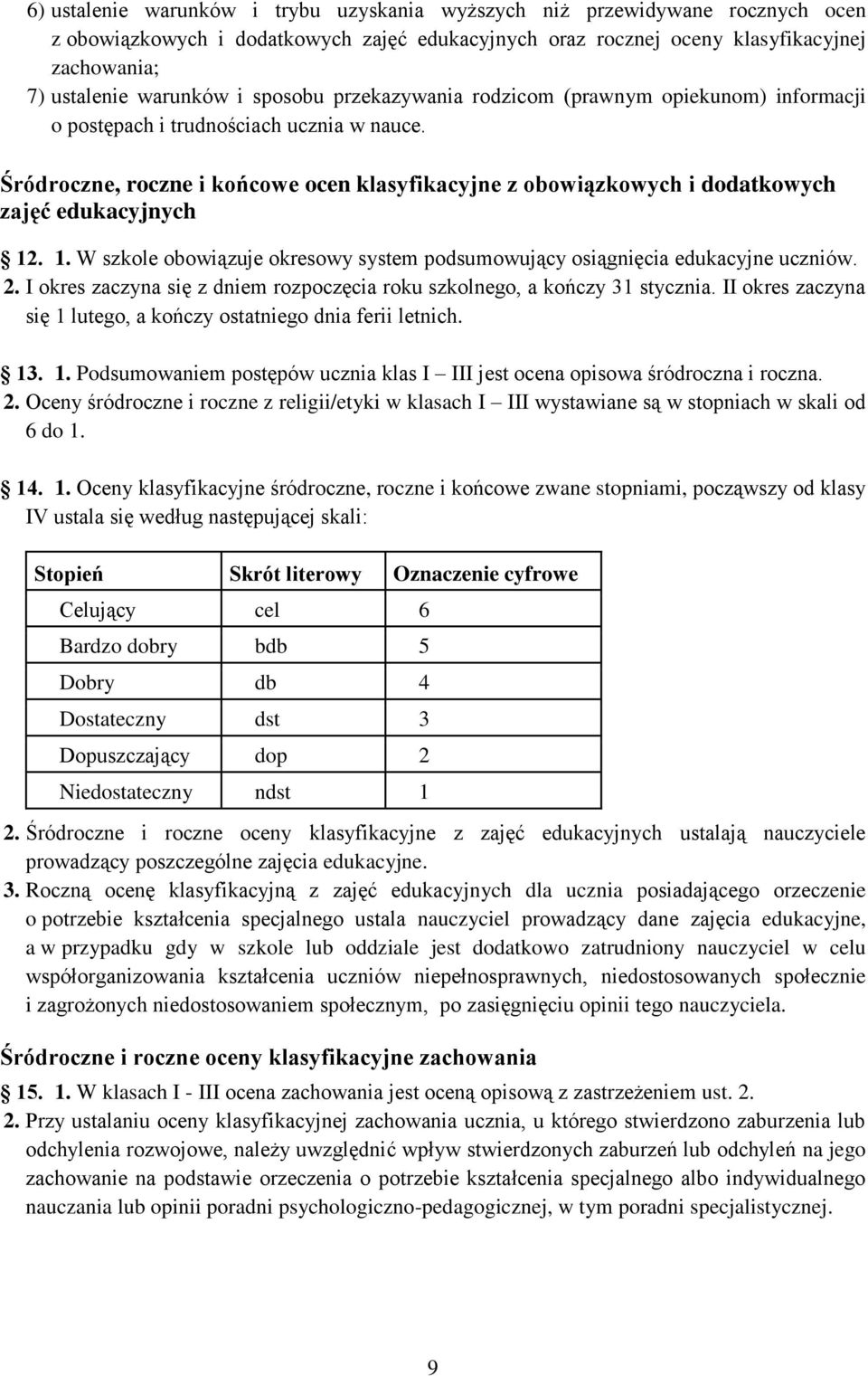 Śródroczne, roczne i końcowe ocen klasyfikacyjne z obowiązkowych i dodatkowych zajęć edukacyjnych 12. 1. W szkole obowiązuje okresowy system podsumowujący osiągnięcia edukacyjne uczniów. 2.