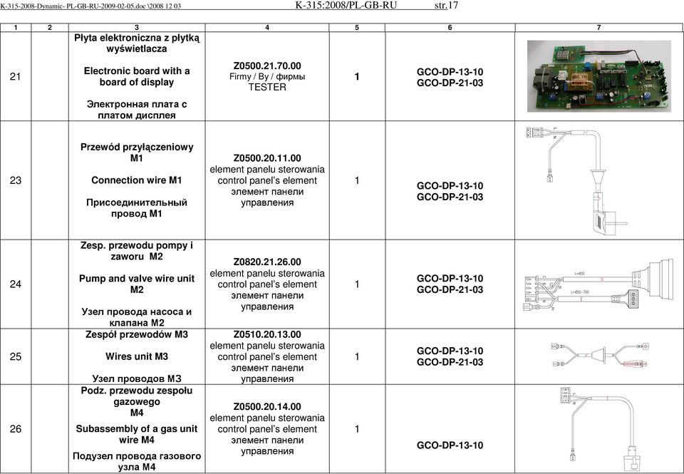 00 Firmy / By / фирмы TESTER 23 Przewód przyłączeniowy M Connection wire M Присоединительный провод M Z0500.20..00 element panelu sterowania control panel s element элемент панели 2 L N 24 25 26 Zesp.