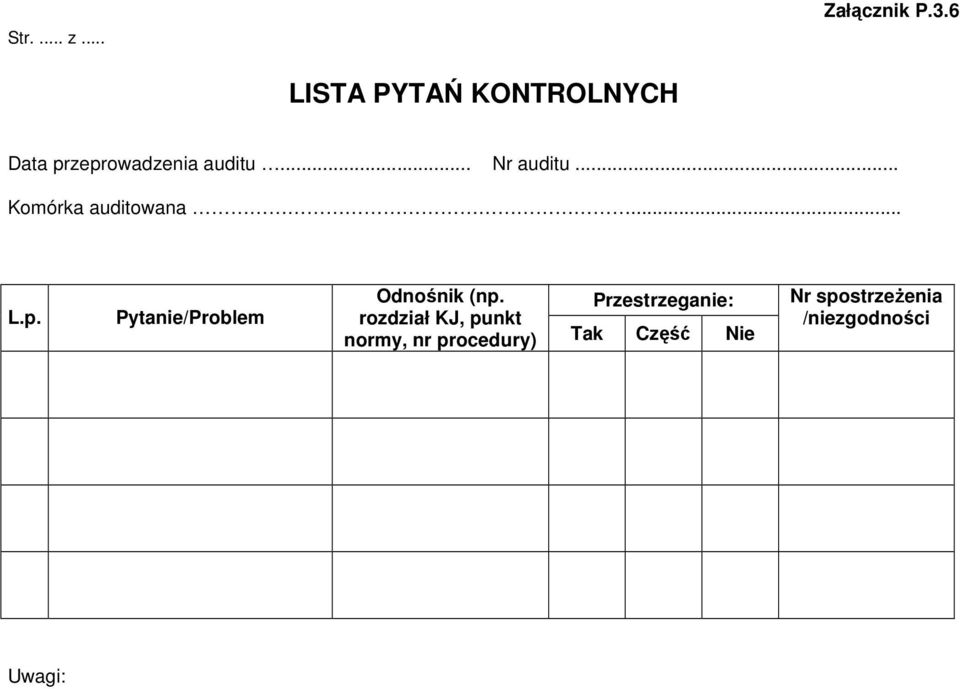 .. Komórka auditowana... L.p. Pytanie/Problem Odnośnik (np.