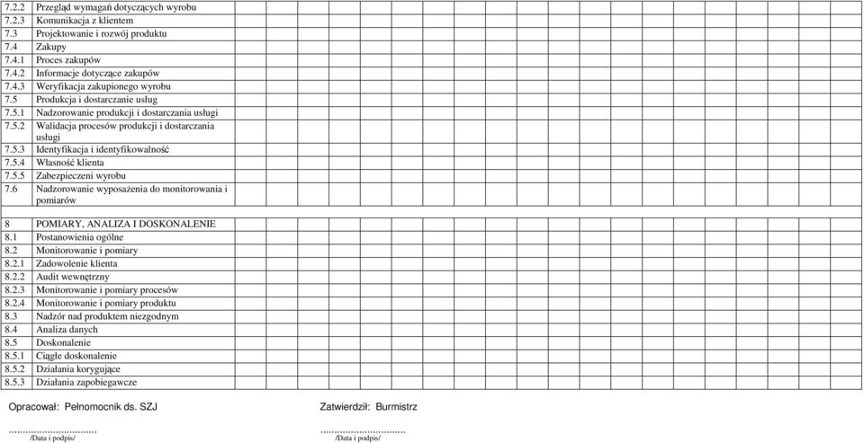 5.5 Zabezpieczeni wyrobu 7.6 Nadzorowanie wyposaŝenia do monitorowania i pomiarów 8 POMIARY, ANALIZA I DOSKONALENIE 8.1 Postanowienia ogólne 8.2 Monitorowanie i pomiary 8.2.1 Zadowolenie klienta 8.2.2 Audit wewnętrzny 8.