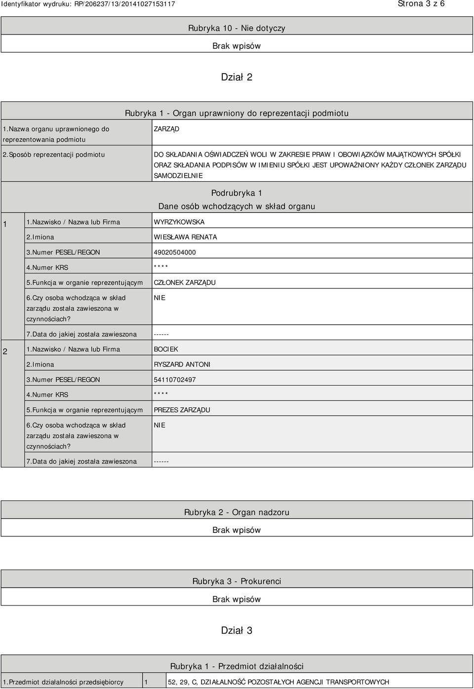 SAMODZIEL 1 1.Nazwisko / Nazwa lub Firma WYRZYKOWSKA Podrubryka 1 Dane osób wchodzących w skład organu 2.Imiona WIESŁAWA RENATA 3.Numer PESEL/REGON 49020504000 4.Numer KRS **** 5.