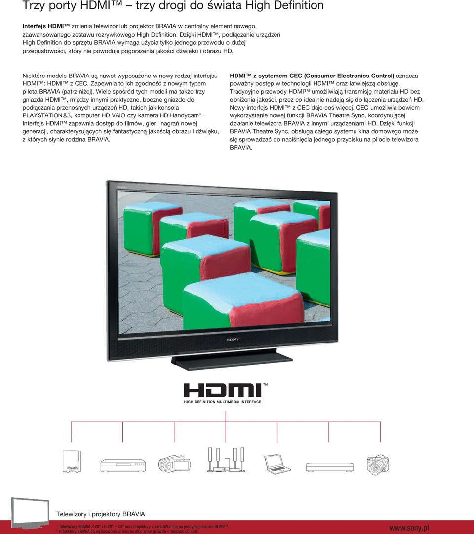Niektóre modele BRAVIA są nawet wyposażone w nowy rodzaj interfejsu HDMI : HDMI z CEC. Zapewnia to ich zgodność z nowym typem pilota BRAVIA (patrz niżej).
