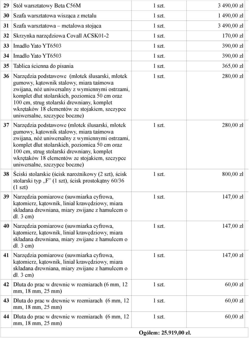 365,00 zł 36 Narzędzia podstawowe (młotek ślusarski, młotek gumowy, kątownik stalowy, miara taśmowa zwijana, nóż uniwersalny z wymiennymi ostrzami, komplet dłut stolarskich, poziomica 50 cm oraz 100