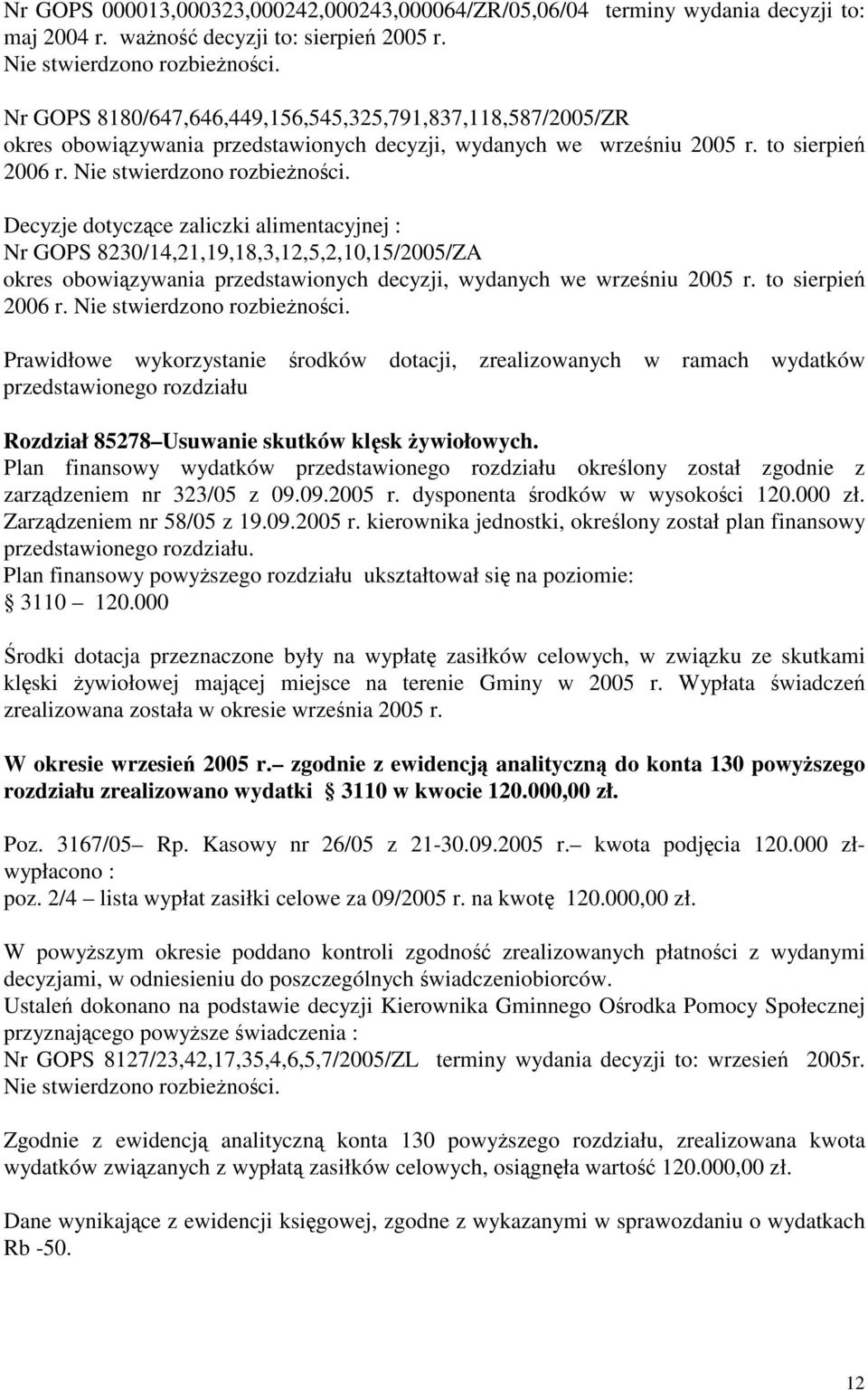 Decyzje dotyczce zaliczki alimentacyjnej : Nr GOPS 8230/14,21,19,18,3,12,5,2,10,15/2005/ZA okres obowizywania przedstawionych decyzji, wydanych we wrzeniu 2005 r. to sierpie 2006 r.