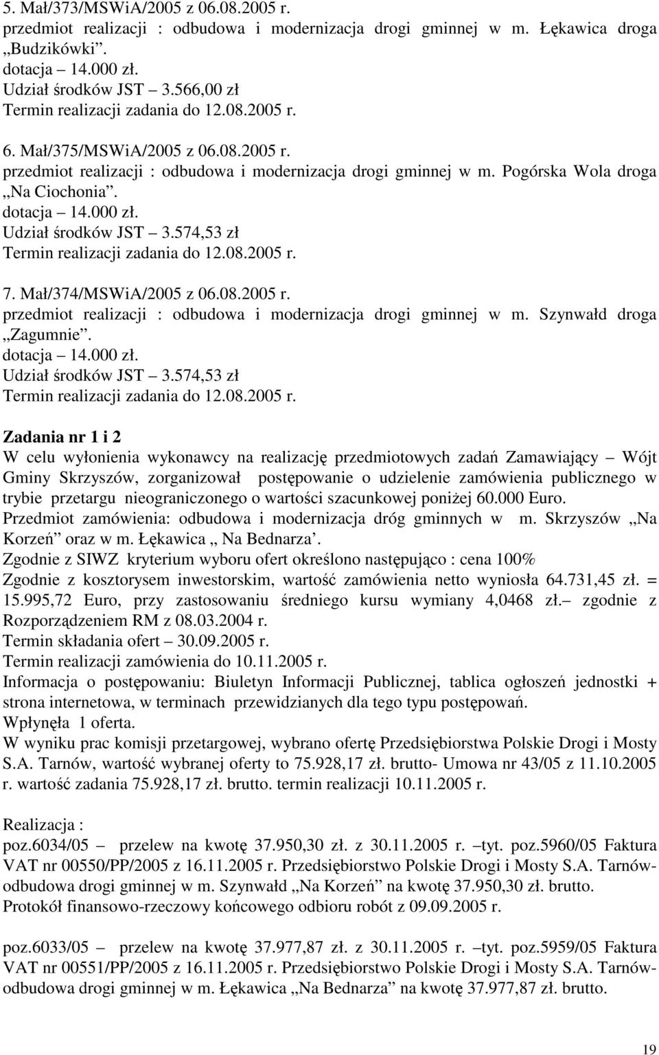 dotacja 14.000 zł. Udział rodków JST 3.574,53 zł Termin realizacji zadania do 12.08.2005 r. 7. Mał/374/MSWiA/2005 z 06.08.2005 r. przedmiot realizacji : odbudowa i modernizacja drogi gminnej w m.