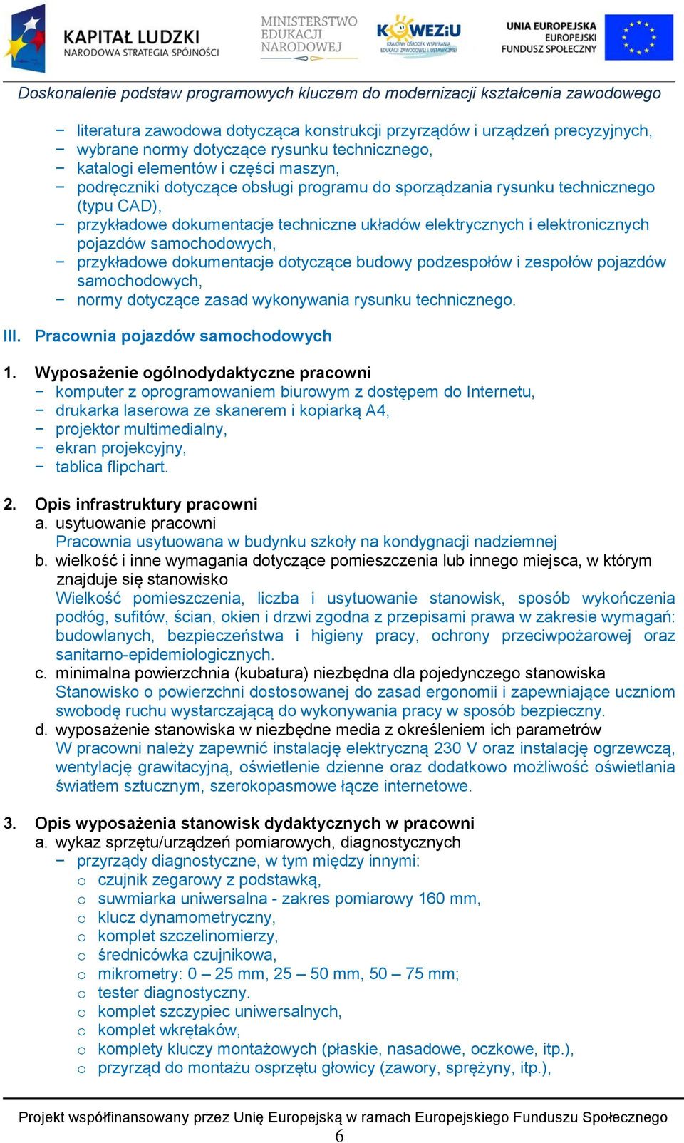 podzespołów i zespołów pojazdów samochodowych, normy dotyczące zasad wykonywania rysunku technicznego. III. Pracownia pojazdów samochodowych 1.