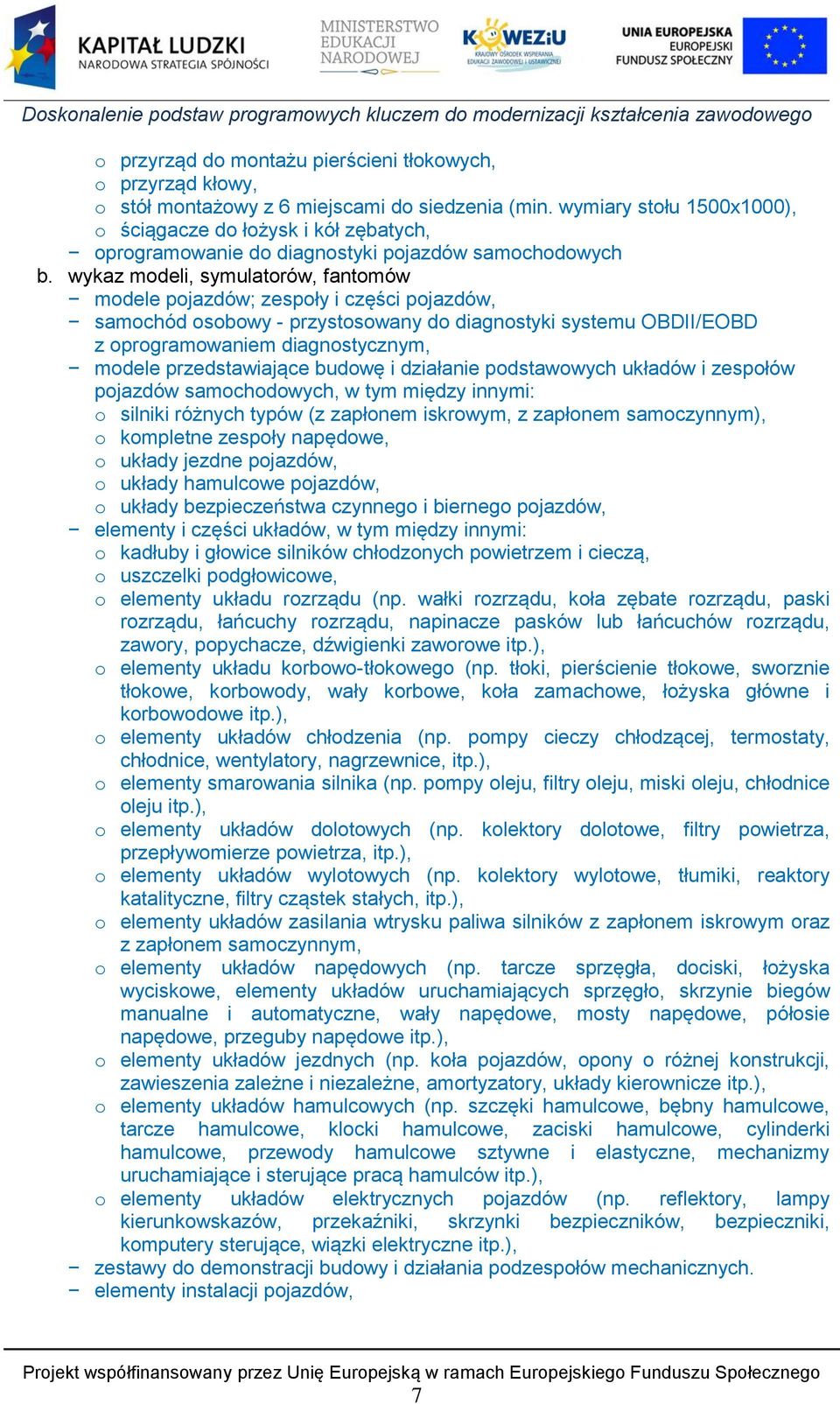 wykaz modeli, symulatorów, fantomów modele pojazdów; zespoły i części pojazdów, samochód osobowy - przystosowany do diagnostyki systemu OBDII/EOBD z oprogramowaniem diagnostycznym, modele