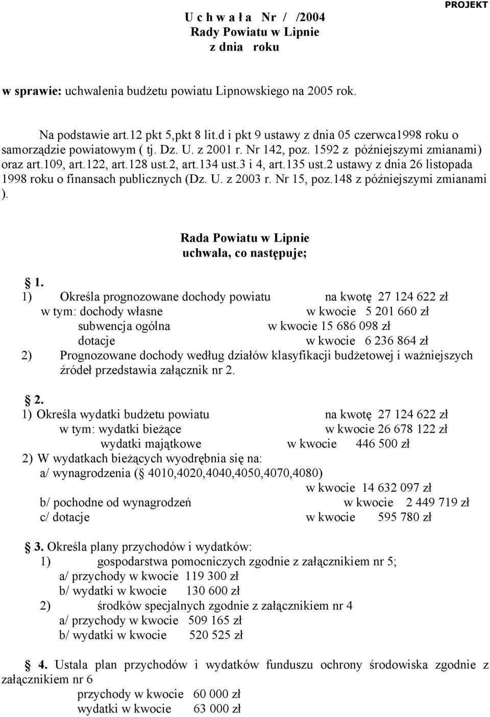 135 ust.2 ustawy z dnia 26 listopada 1998 roku o finansach publicznych (Dz. U. z 2003 r. Nr 15, poz.148 z późniejszymi zmianami ). Rada Powiatu w Lipnie uchwala, co następuje; 1.