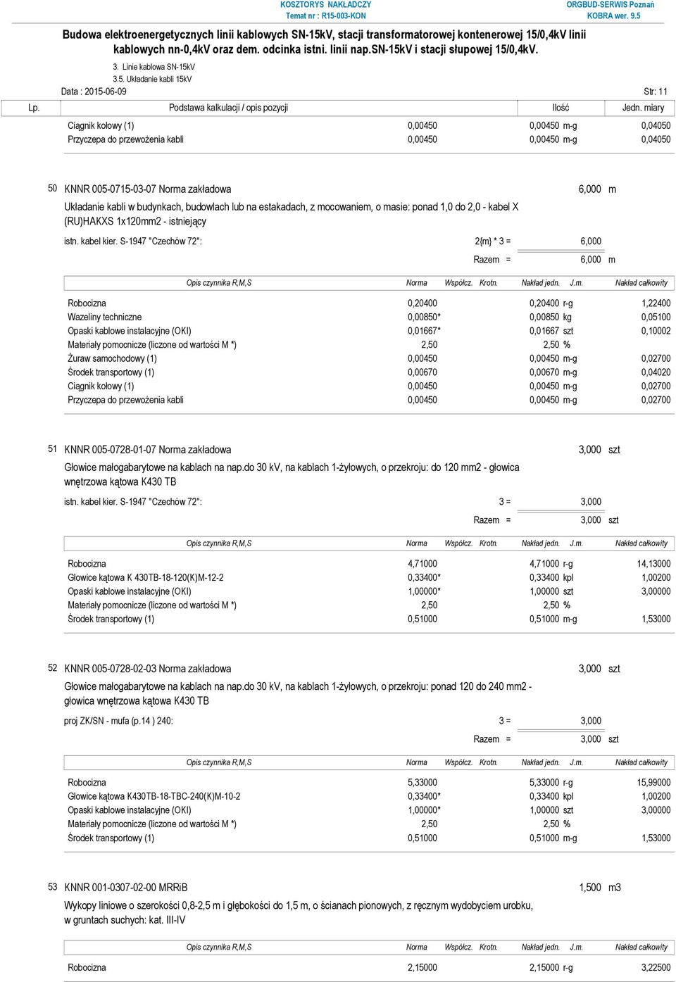 Układanie kabli 15kV Data : 2015-06-09 Str: 11 Ciągnik kołowy (1) 0,00450 0,00450 m-g 0,04050 Przyczepa do przewożenia kabli 0,00450 0,00450 m-g 0,04050 50 KNNR 005-0715-03-07 Norma zakładowa 6,000 m