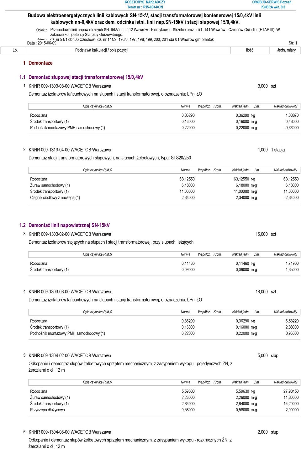 1 Demontaż słupowej stacji transformatorowej 15/0,4kV 1 KNNR 009-1303-03-00 WACETOB Warszawa 3,000 szt Demontaż izolatorów łańcuchowych na słupach i stacji transformatorowej, o oznaczeniu: ŁPn, ŁO