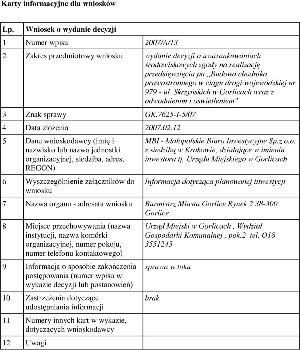 7625-I-5/07 4 Data złożenia 2007.02.12 MBI - Małopolskie Biuro Inwestycyjne Sp.z o.o. z siedzibą w Krakowie, działające w imieniu inwestora tj.