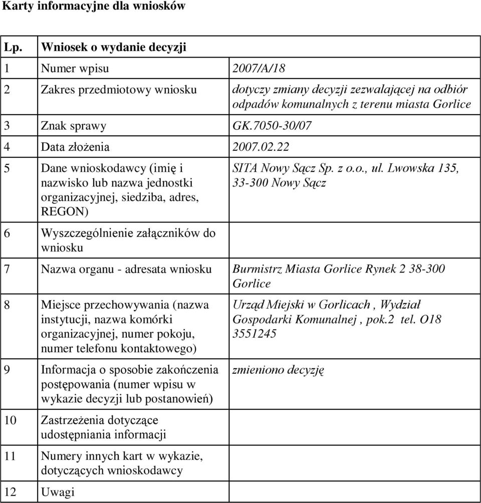 7050-30/07 4 Data złożenia 2007.02.22 SITA Nowy Sącz Sp. z o.o., ul.